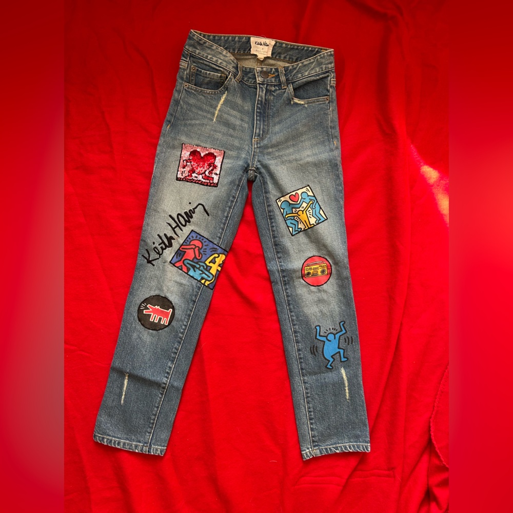 Alice + Olivia Blue Boyfriend Jeans with Artistic Patches